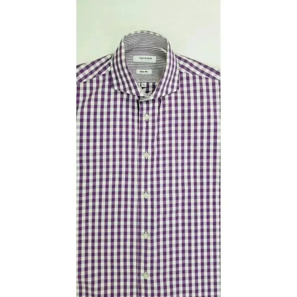Isaac Mizrahi New York 15.5 32-33 Slim Fit Purple White Check Spread Collar Men - Picture 10 of 10